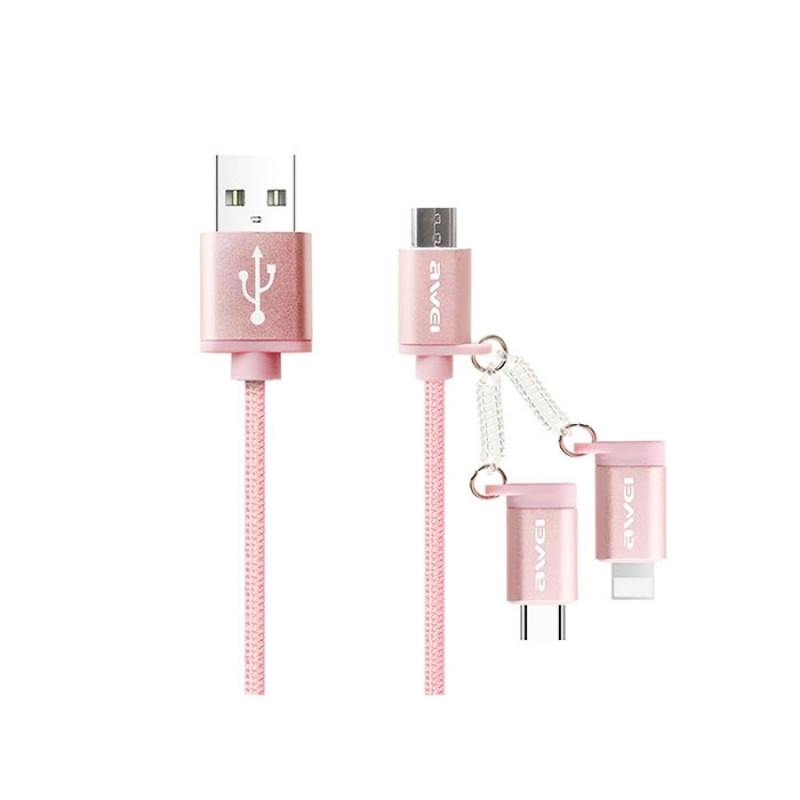 Awei CL-990 Micro USB/USB Type-C/Lightning Fast Charging Cable 0.1m - Color: Rose Gold