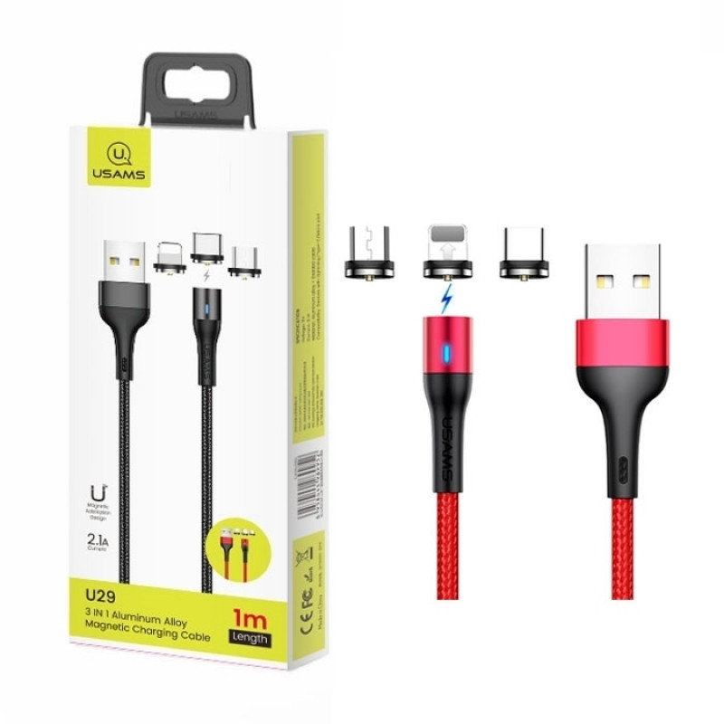 USAMS SJ439 Charging and Data Magnetic Cable 1m 3 IN 1 - Color: Red