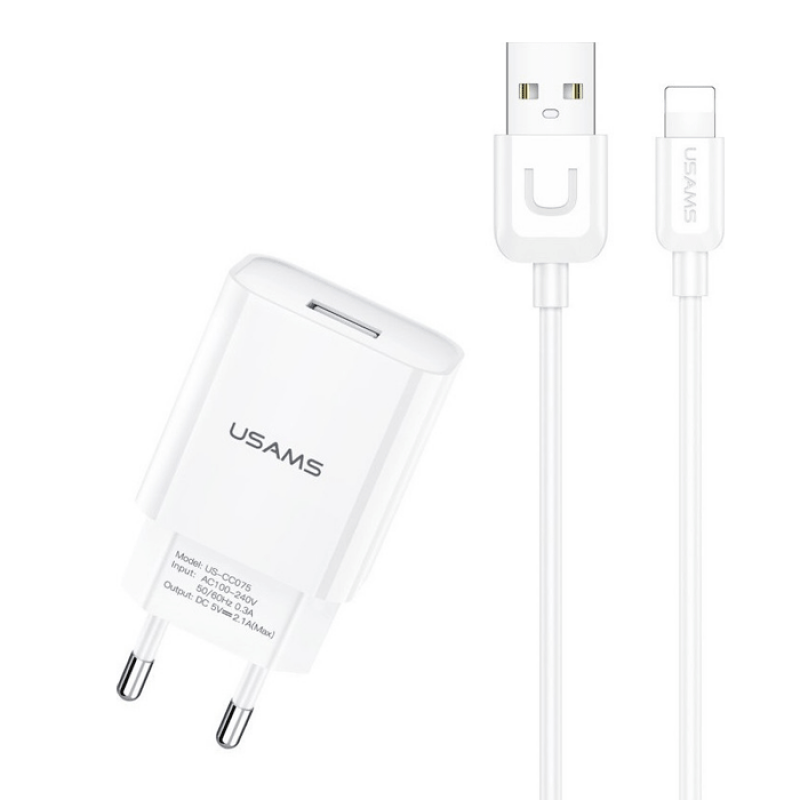 USAMS Traveling Charger T21OCLN01 T21 5V 2.1A & Lightning Fast Charge Cable 1M - Color : White