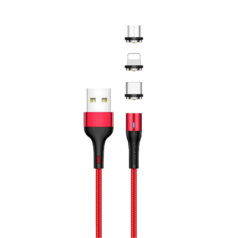 USAMS SJ439USB02 U29 Charging Cable Magnetic 1M Type C Micro USB Lightning Braided Data 2.1Α - Color: Red