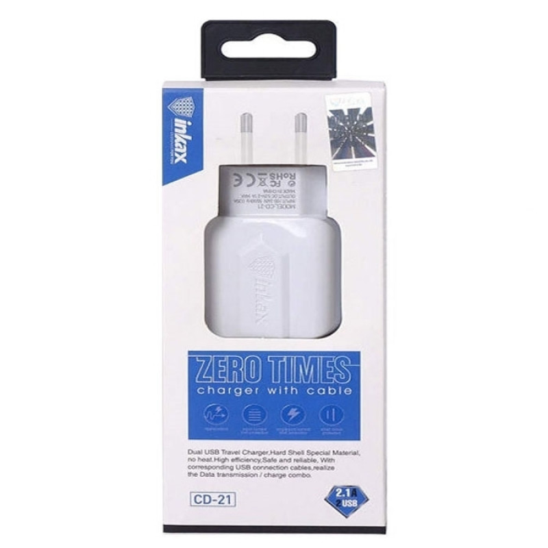 inkax- CD-21 Dual USB Fast Charger 2.1A With Micro USB Cable - Color: White