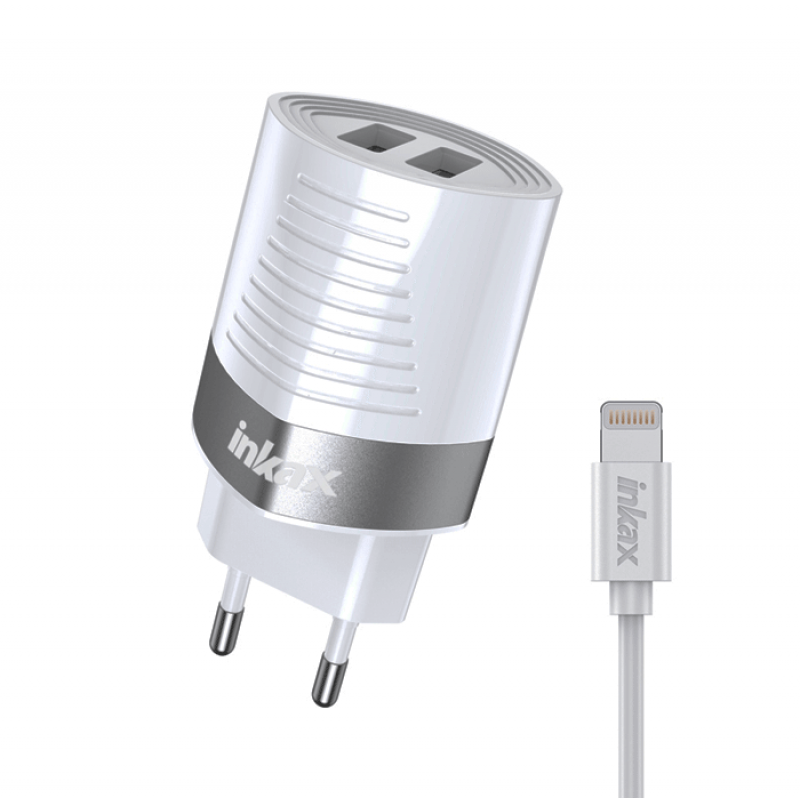 Inkax Φορτιστής με 2 Θύρες USB-A και Καλώδιο Lightning (CD-79) - Χρώμα: Λευκό