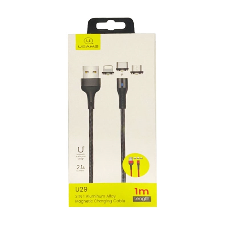 USAMS SJ439USB01 U29 3 IN 1 Alluminum Alloy Magnetic Charging Cable  1M 2.1Α - Color: Black