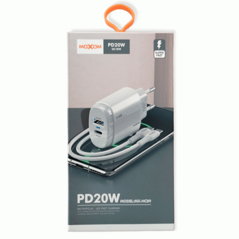 Moxom MX-HC89 Charger with USB-A and USB-C Port and USB Lightning Cable 20W - Color: White