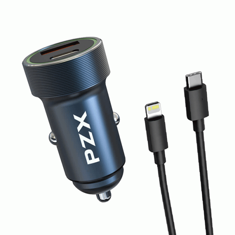 PZX C916 Car Charger with USB port + 1 Type-C Port and Τype-C to Lightning Cable - Color: Black