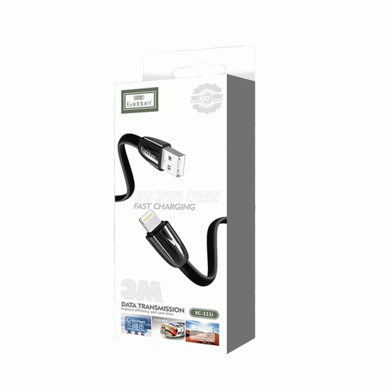 Earldom EC-111i Fast Charging Cable Lightning 2.4Α 3M - Color: Black