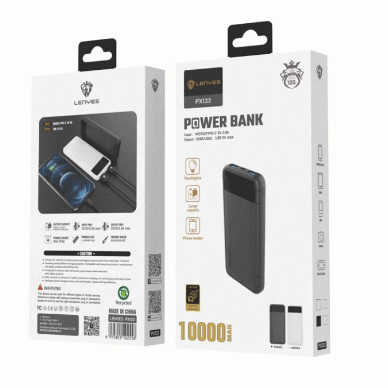 Lenyes Power bank PX-133 10.000mAh Portable Power Bank - Color: Black