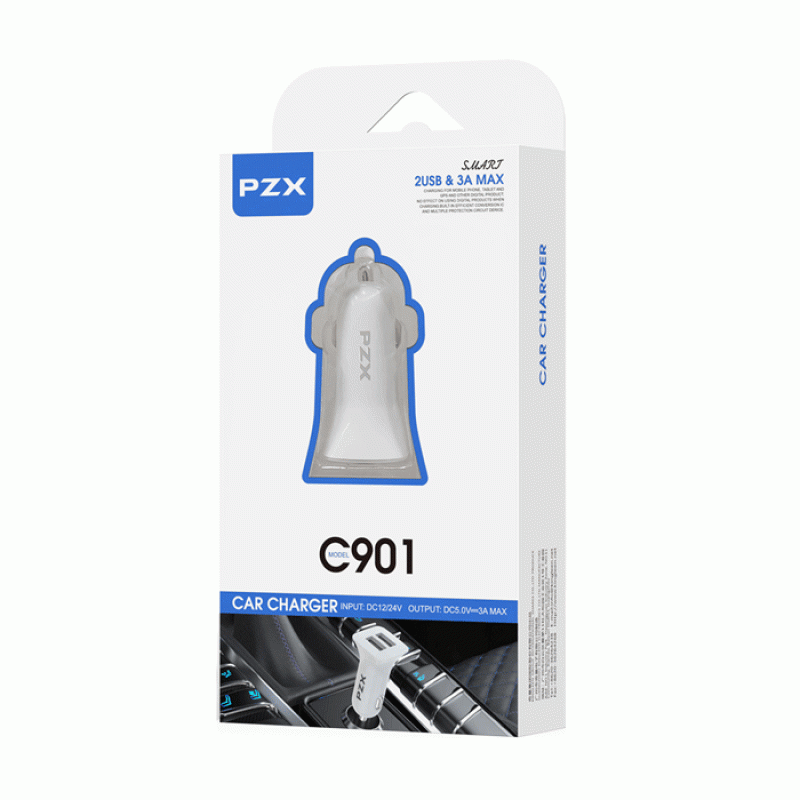 PZX Car Charger C901 2 USB Ports 3A - Color: White