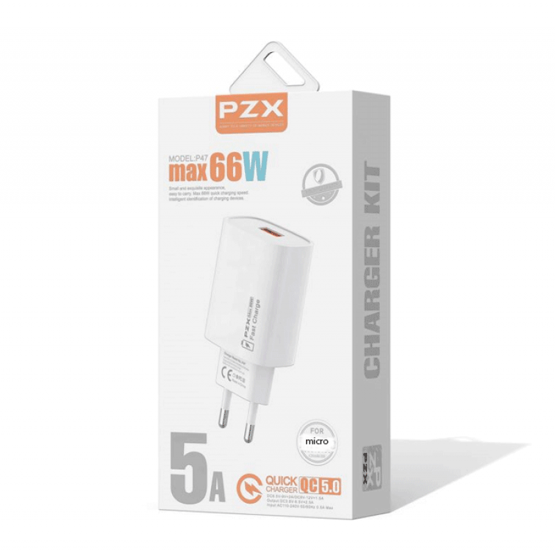 PZX P47 5A Fast Charging Charger SmartPhone With 1 Type-C Port And Cable To Micro USB 66W - Color: White