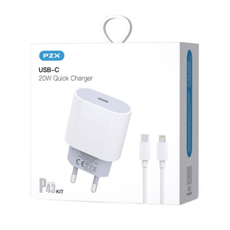 PZX Charger With Cable Type-C To Iphone (P43) 20W  - Color: White